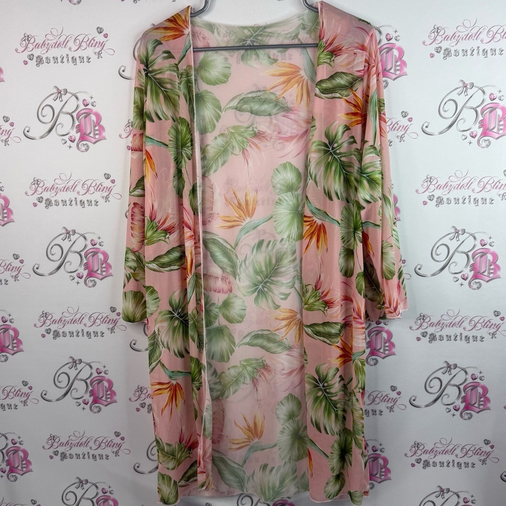 Cardigan open Cover up mesh tropical floral leaves, Leafs Floral Kimono Cardigan
